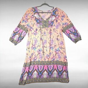 Boho‎ Peasant Floral Paisley Border Midi Dress Long Sleeve Tassel Tie Womens L